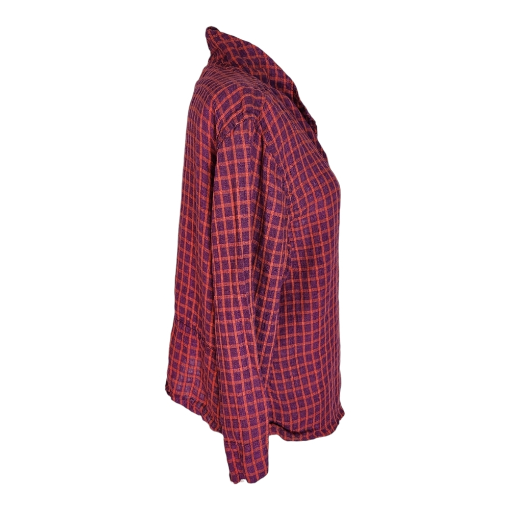 Flax Linen Checkered Button Down Top In Purple An… - image 4